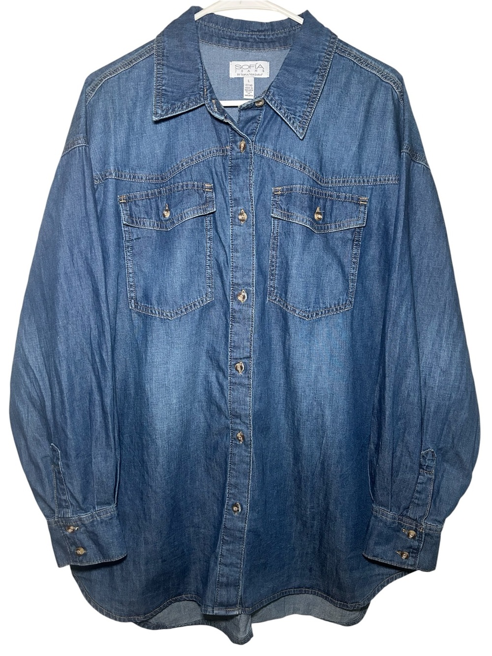 SOFIA Jeans Button-Front Denim Shirt Shacket Blue Large 12/14 Casual Summer